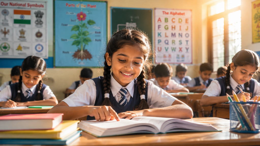 कक्षा में पढ़ाई करती भारतीय छात्रा – बेटी बचाओ बेटी पढ़ाओ और बालिका शिक्षा का प्रेरणादायक दृश्य