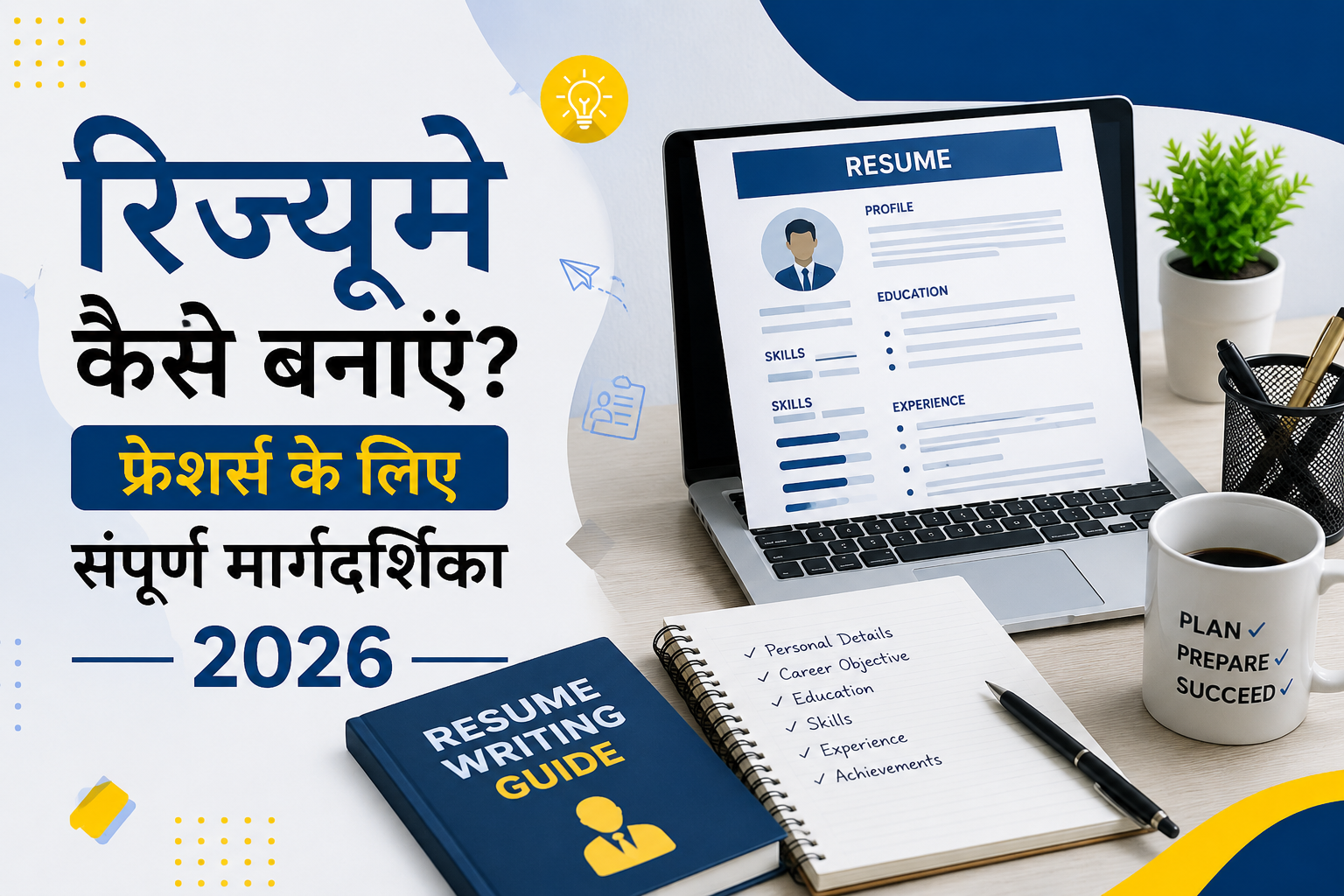 फ्रेशर्स के लिए प्रोफेशनल रिज्यूमे बनाने की गाइड, लैपटॉप स्क्रीन पर रिज्यूमे फॉर्मेट और करियर तैयारी 2026